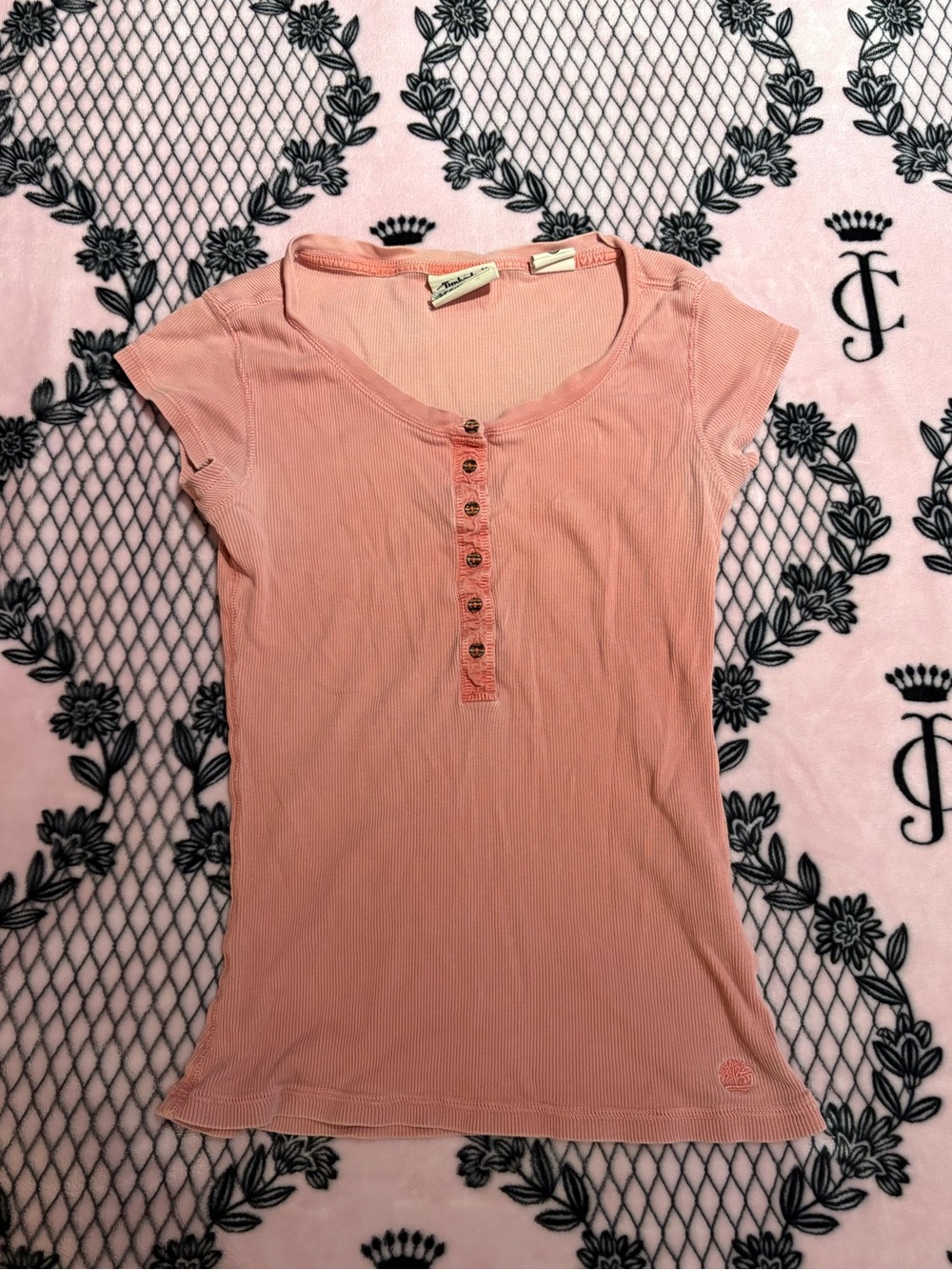 Y2K Timberland Pink Ribbed Henley Baby Tee